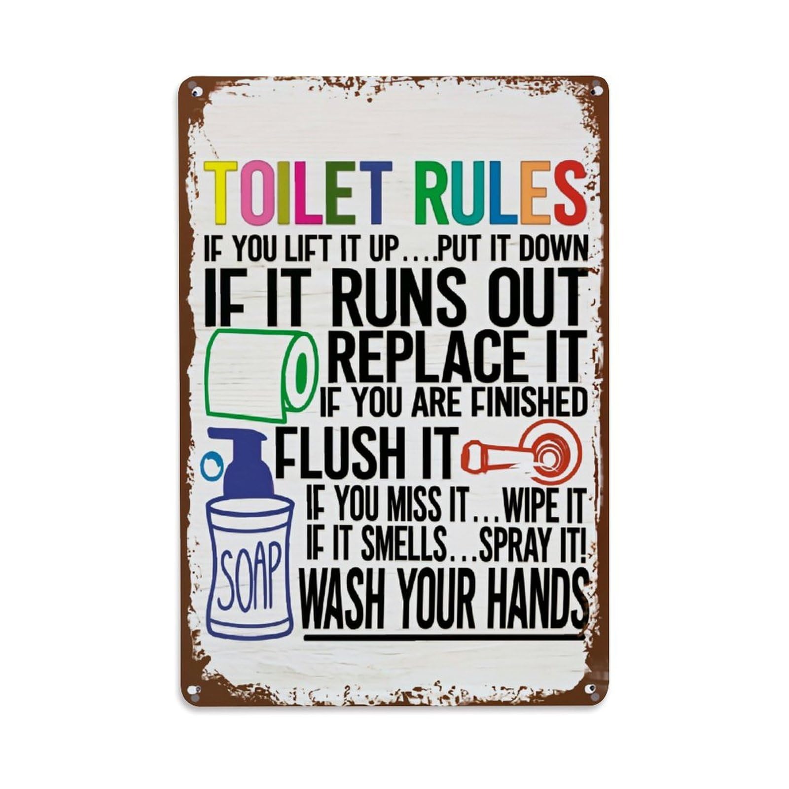 Toilet Rules Sign Pattern Print Retro Metal Tin Sign, Vintage Metal Poster for home, Gaming Room, Studio Workshop,Bar,Garage Wall Art Decor 8x12 Inch