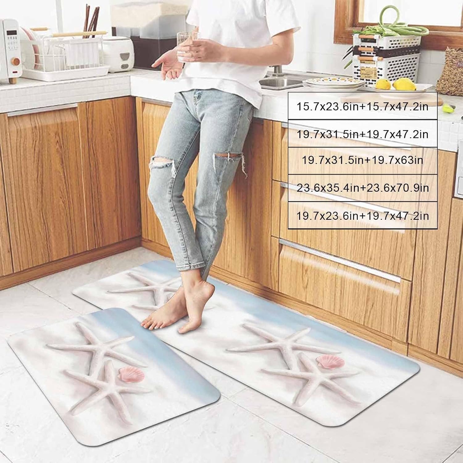 Prime Leader Starfish Shell Kitchen Mat Set 2 Pieces Summer Ocean Beach Coastal Non Slip Kitchen Rugs Washable Runner Rug Mats for Sink Laundry (19.7" x 31.5"+19.7" x 63")