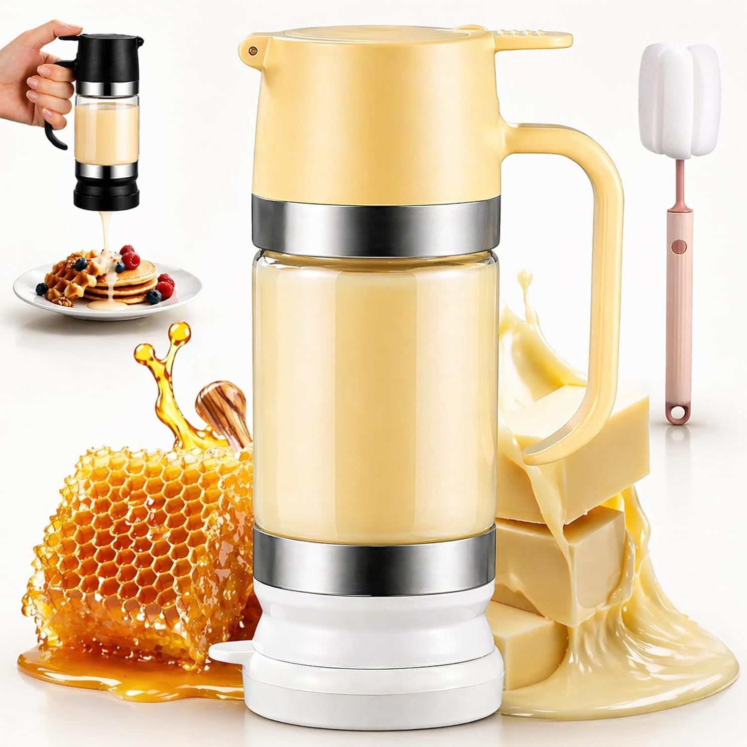 2026 New Dispensador De Leche Condensada, Glass Honey Dispenser with Stand No Drip, Maple Syrup Dispenser for Coffee and Tea Daily Use, Activities, Or Demonstrations (Yellow, 300ML)