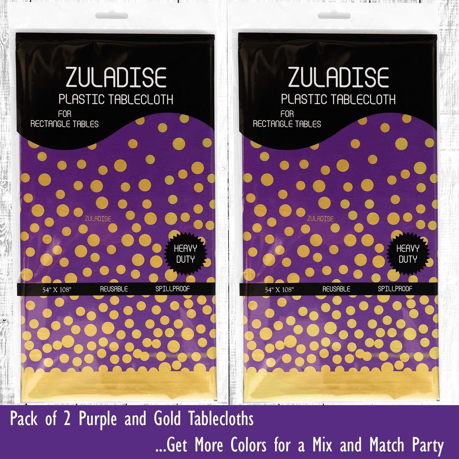 2 Pack Premium Purple and Gold Plastic Tablecloths – Thick, Durable, Reusable Table Covers (54 x 108 in) – Stylish Party Decor for Birthday, Rapunzel, Tangled, Purple Birthday Decorations