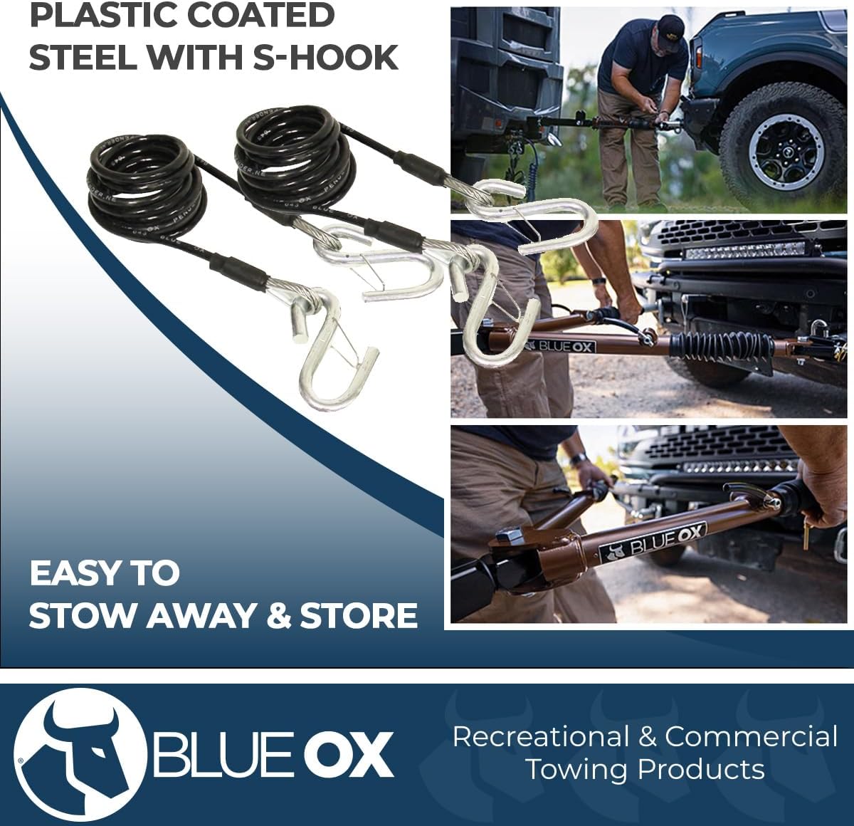 Blue Ox BX88196 Safety Cable Kit Class III | Rating 7,500 lbs | Coiled Safety Cables with S-Hooks | Plastic Coating to Prevent Scratching | Corrosion Free
