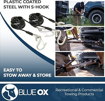 Blue Ox BX88196 Safety Cable Kit Class III | Rating 7,500 lbs | Coiled Safety Cables with S-Hooks | Plastic Coating to Prevent Scratching | Corrosion Free