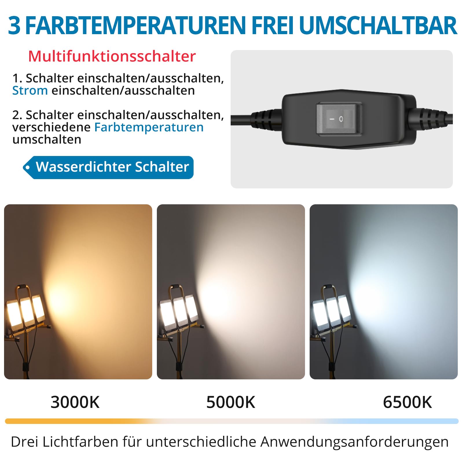 AUTOUTLET Baustrahler LED mit Stativ 300W, 3 Farbtemperaturmodi & 5M Kabel | 27000LM Baulampe, 3000K/5000K/6500K, 118-174cm Höhenverstellbar Stativ, IP66 Wasserdicht, Abnehmbar, für Garage Baustelle
