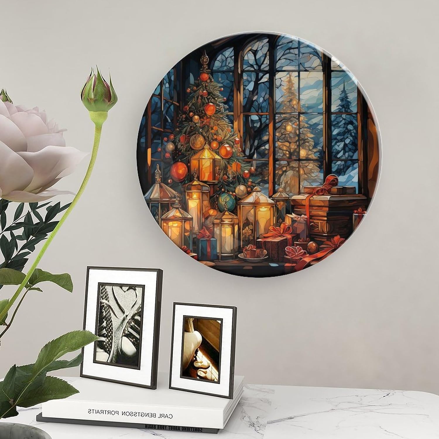 Boxs Painting Decorative Plates Christmas Home Decor Ceramic Plates, Stained Glass Design Dinner Plates Display for Living Room, Kitchen, Hallway Console Side Table, Xmas Gift, 8 Inch