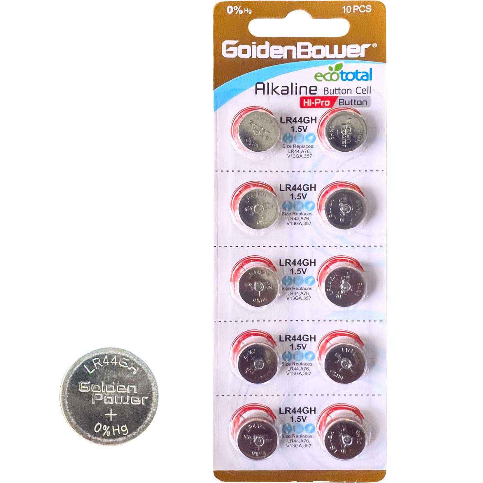 Baagialdic Golden Power LR44GH Alkaline Button Cell 1.5V Batteries Hi-Pro Strongest Leak-Proof Performance 0% Hg 0% Pb 0% Cd, 10 Count (Pack of 1)
