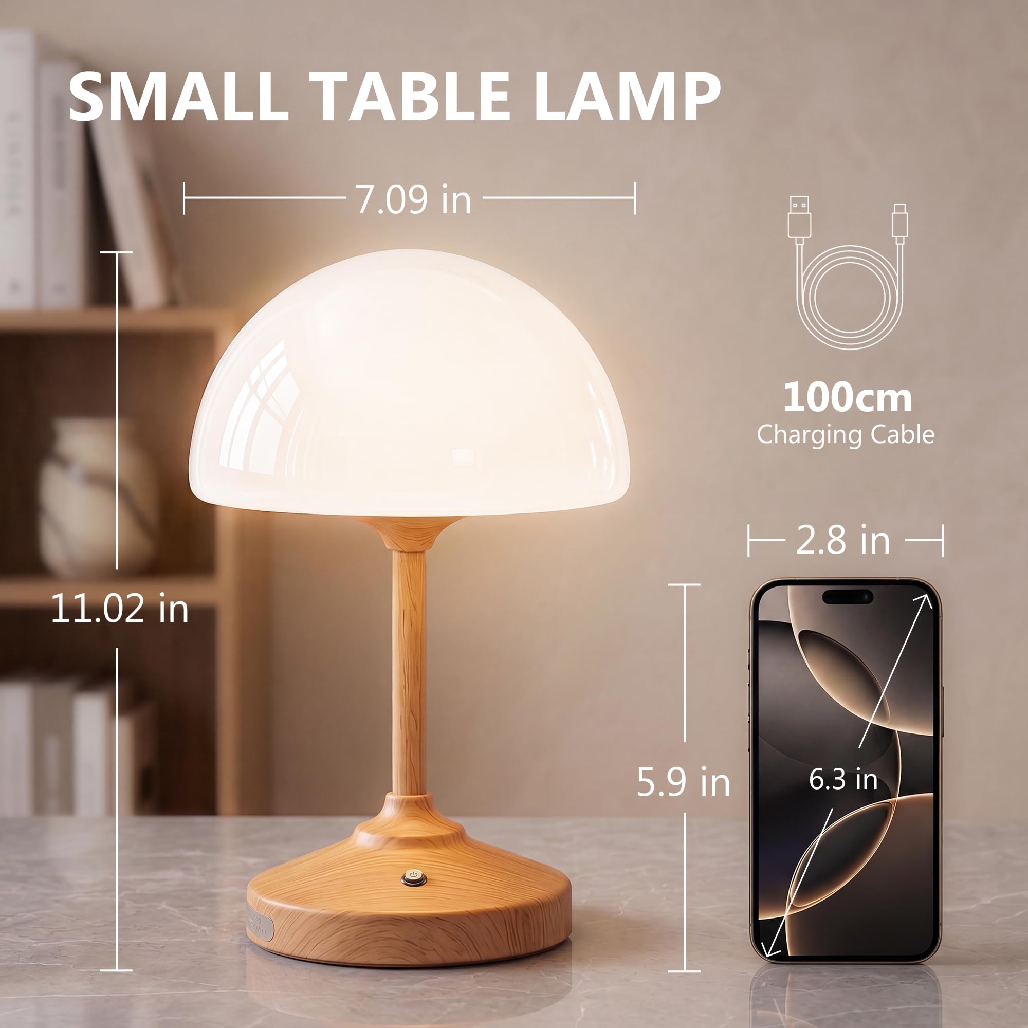 Dawnwake Lampe de table LED en forme de champignon, sans fil, 5000 mAh, tactile, à intensité variable, pour chambre à coucher, extérieur, étanche, petite lampe pour salon, camping, gradation à 3