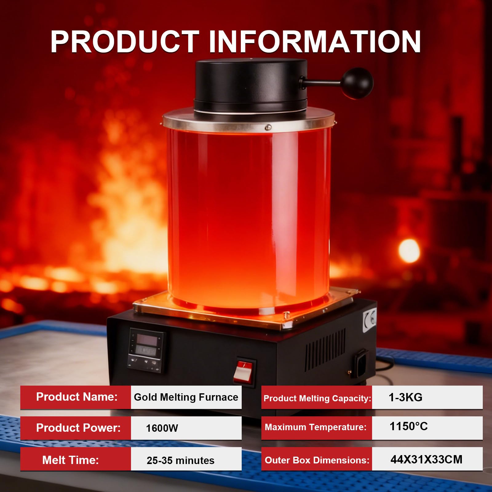 Horno De Fundición Digital Eléctrico De 1400 W, con Control Pid Y Crisol De Grafito para Fundir Oro, Plata, Cobre Y Aluminio (1150 °C/2102 °F) 2kg-Black