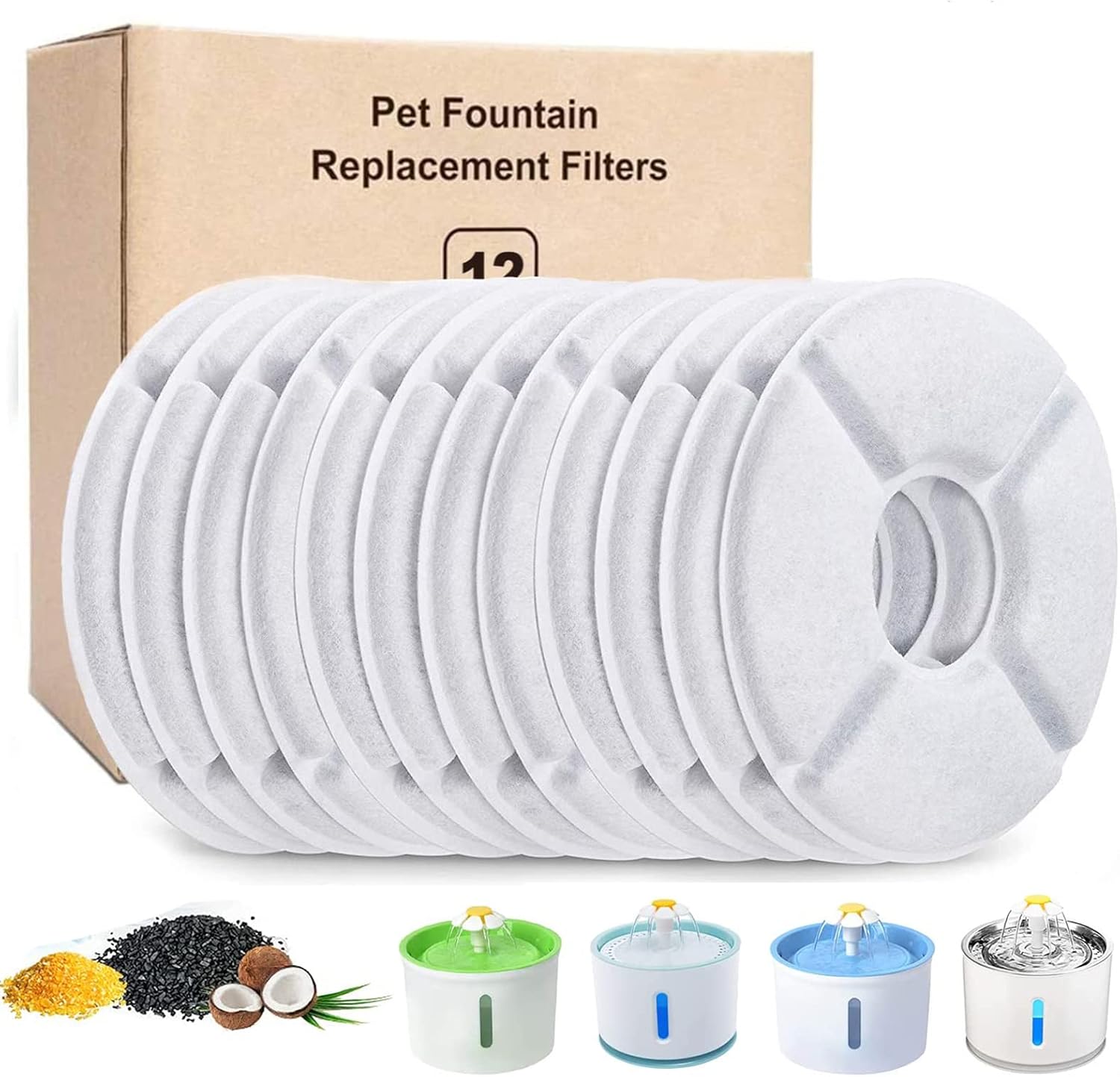 12-Delige Kattenfontein Filter, Vervangingsfilter Voor Drinkfontein Voor Katten En Honden, Met Hars En Actieve Kool Voor Automatische Waterdispenser Waterfontein Drinkfontein Filter, Rond