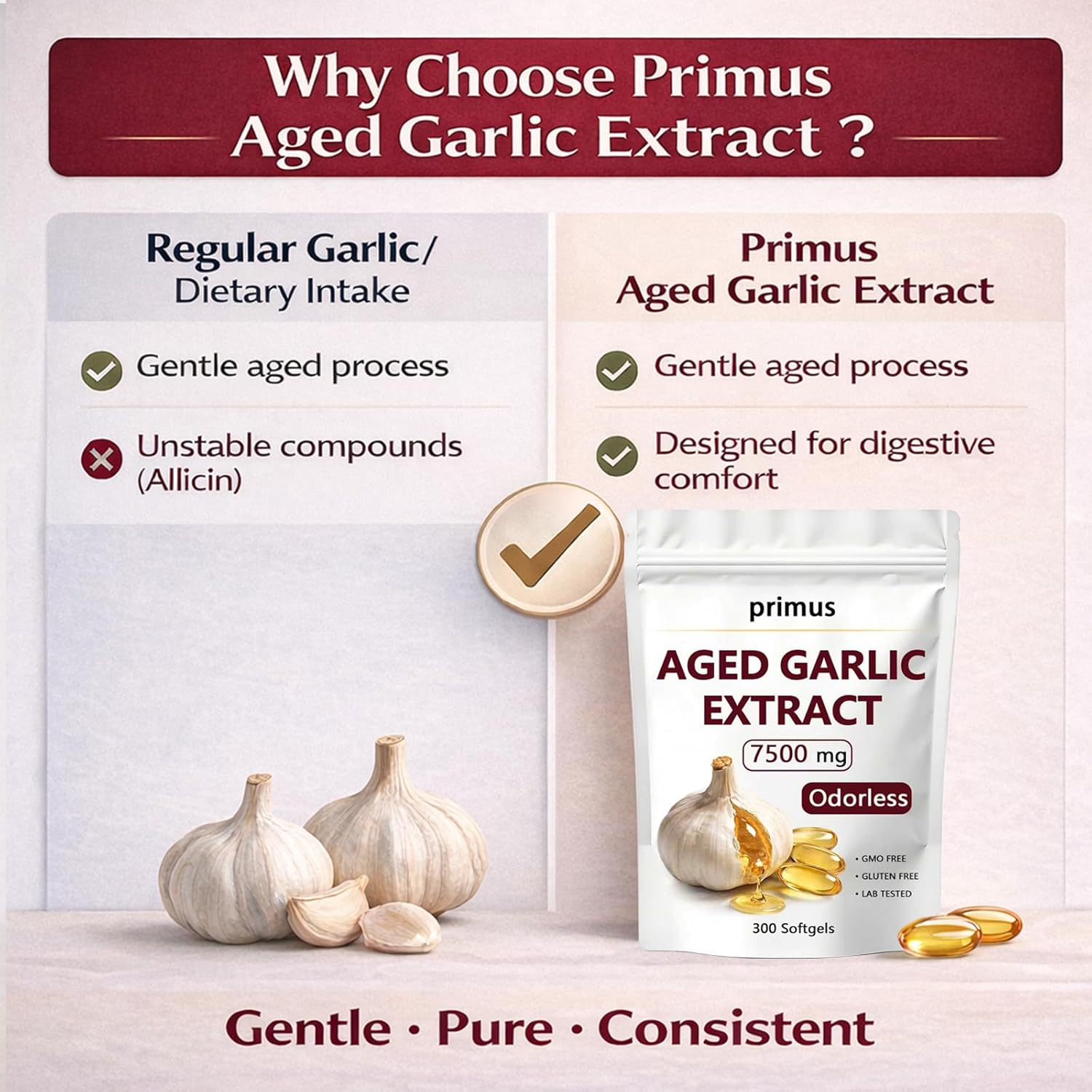 VelestOff Red Primus Aged Garlic, Odorless Garlic Supplement, 300 Softgels, Plant-Based Formula for Daily Wellness Support（1）