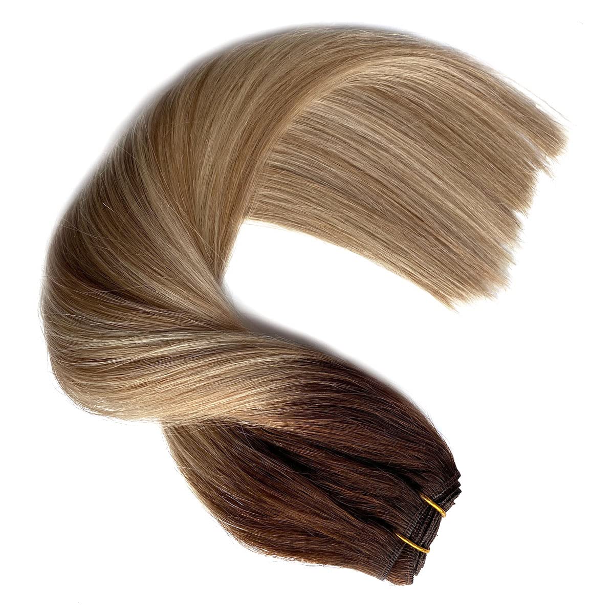 Ombre Brown to Ash Brown Balayge Light Blonde Highlights Sew in Hair Extensions Real Human Hair Wefts 22 Inch 120G Hand Tied Weft Hair Extensions Remy Human Hair Weave Bundles