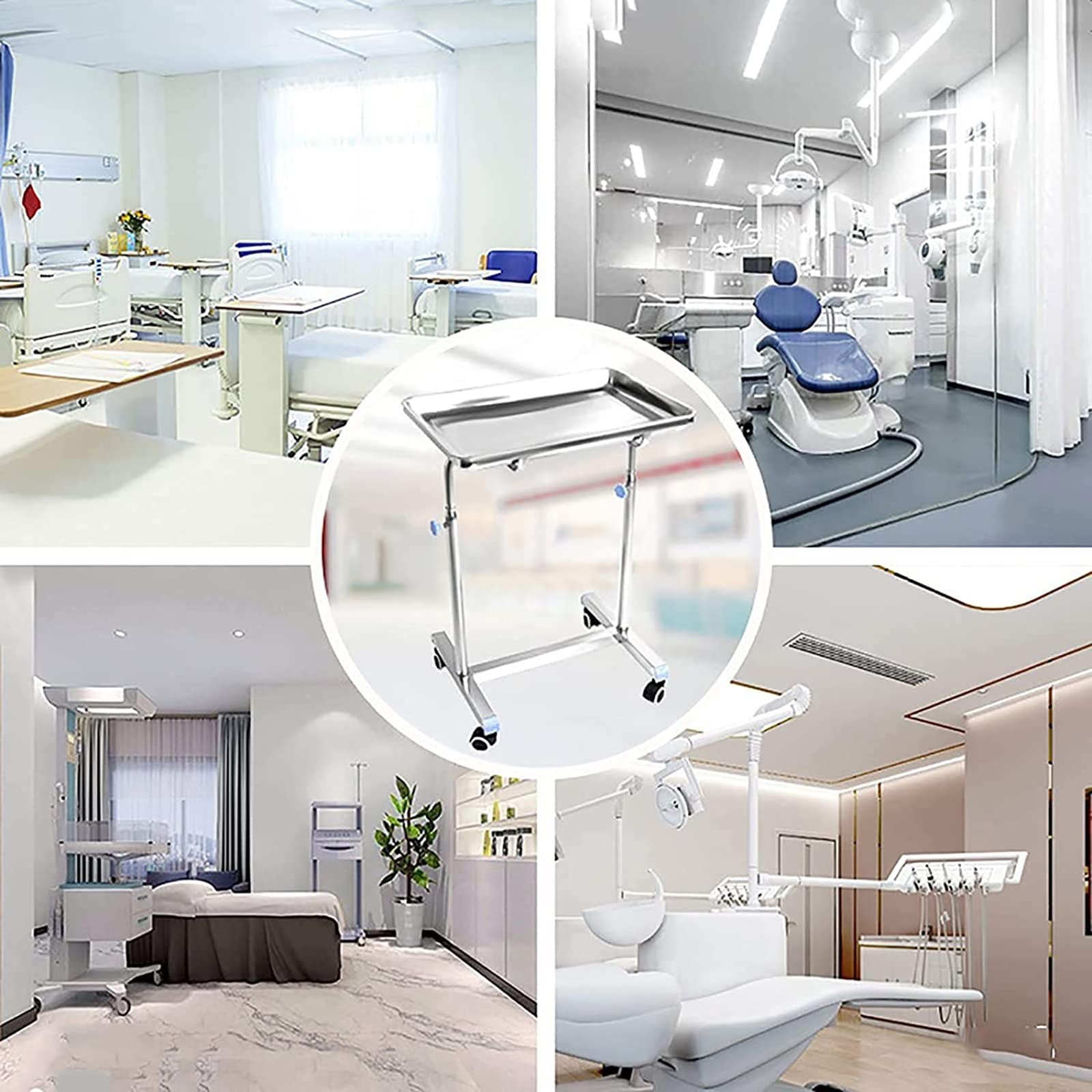 Bandeja móvil Mayo, carrito de acero inoxidable de altura ajustable con bandeja extraíble para instrumentos y ruedas para equipos médicos, spa, médicos y tatuajes