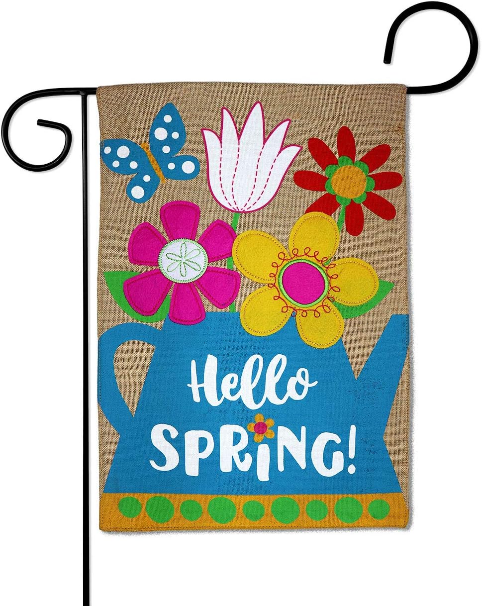 Hello Spring Burlap Garden Flag - Floral Sunflower Tulip Rose Orchid Lilies Season Springtime Flower Wreath - Yard Decorations Holiday Outdoor Flags Double-Sided 12.5 X 18