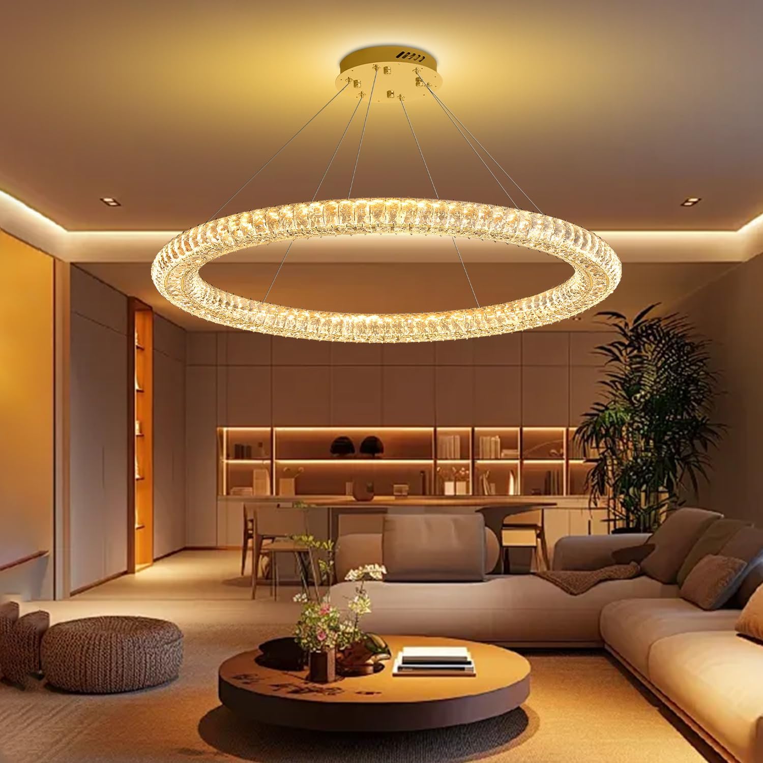 Modern Gold Crystal Chandelier Dimmable LED 47.5" Ring Pendant Light Adjustable Round Crystal Chandelier Light Fixtures for Dining Room Living Room