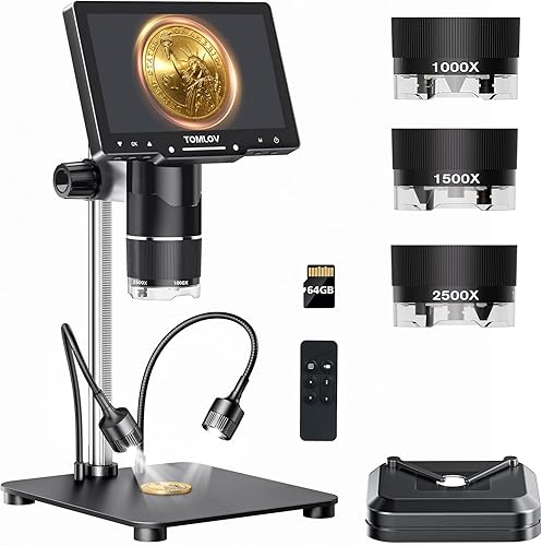 TOMLOV TriL107 Microscopio digital de 3 lentes: Lupa de microscopio de monedas HDMI de 7 "2500X 2K para visión completa de monedas con pantalla IPS,
