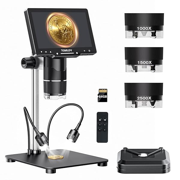 TOMLOV TriL110 3-Lens Digital Microscope: 10.1" 2500X 2K HDMI Coin Microscope Magnifier for Whole Coin View with IPS Screen, LCD Soldering Microscopes for Adults, 14 LED Lights, PC/TV Compatible, 64GB