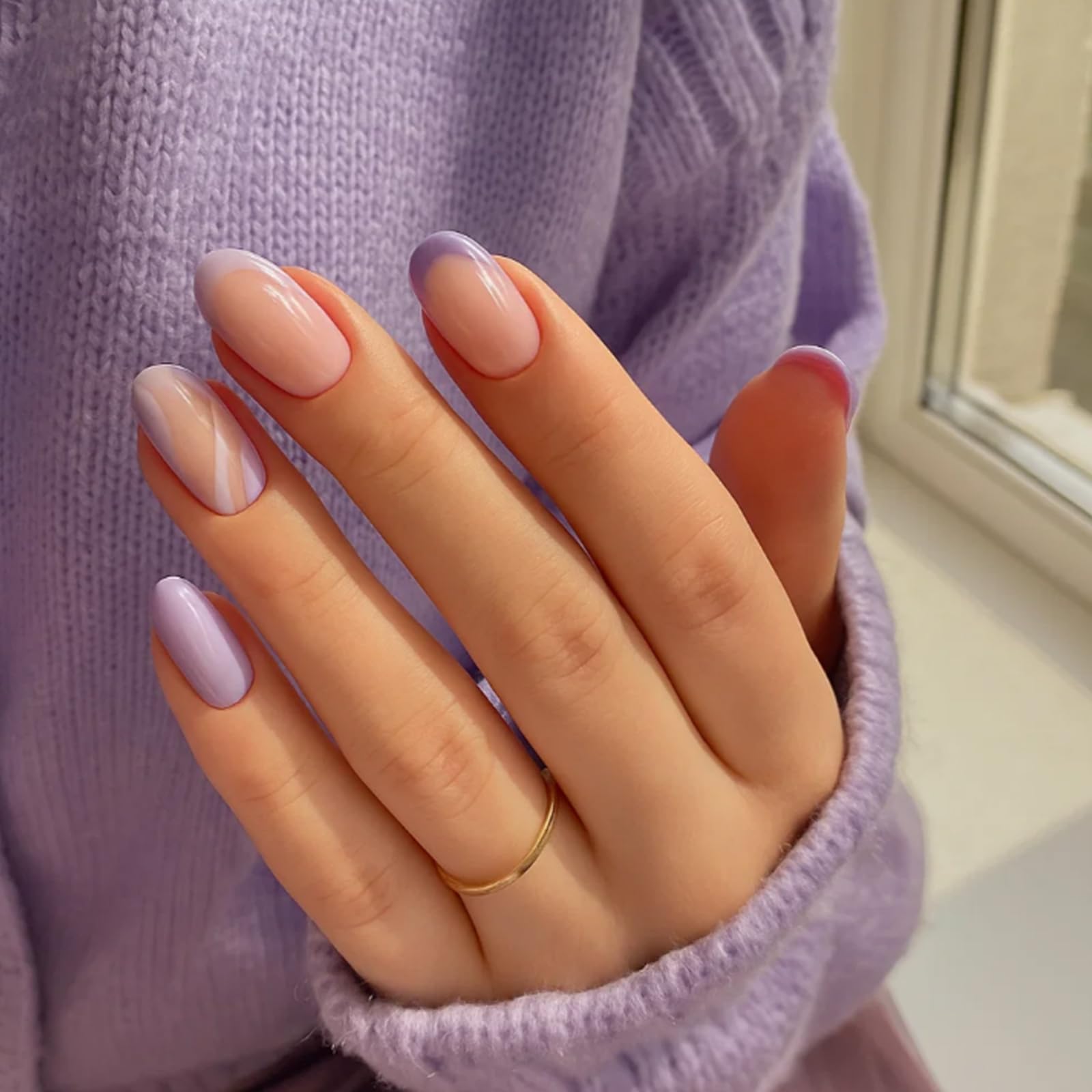 24PCS Pink Purple Press On Nails, French Tip Ombre False Nails - Image 2
