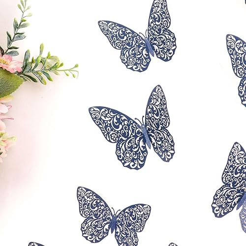 Efavormart - Paquete de 12 calcomanías de pared de mariposa azul marino 3D, calcomanías murales extraíbles para decoración de pasteles