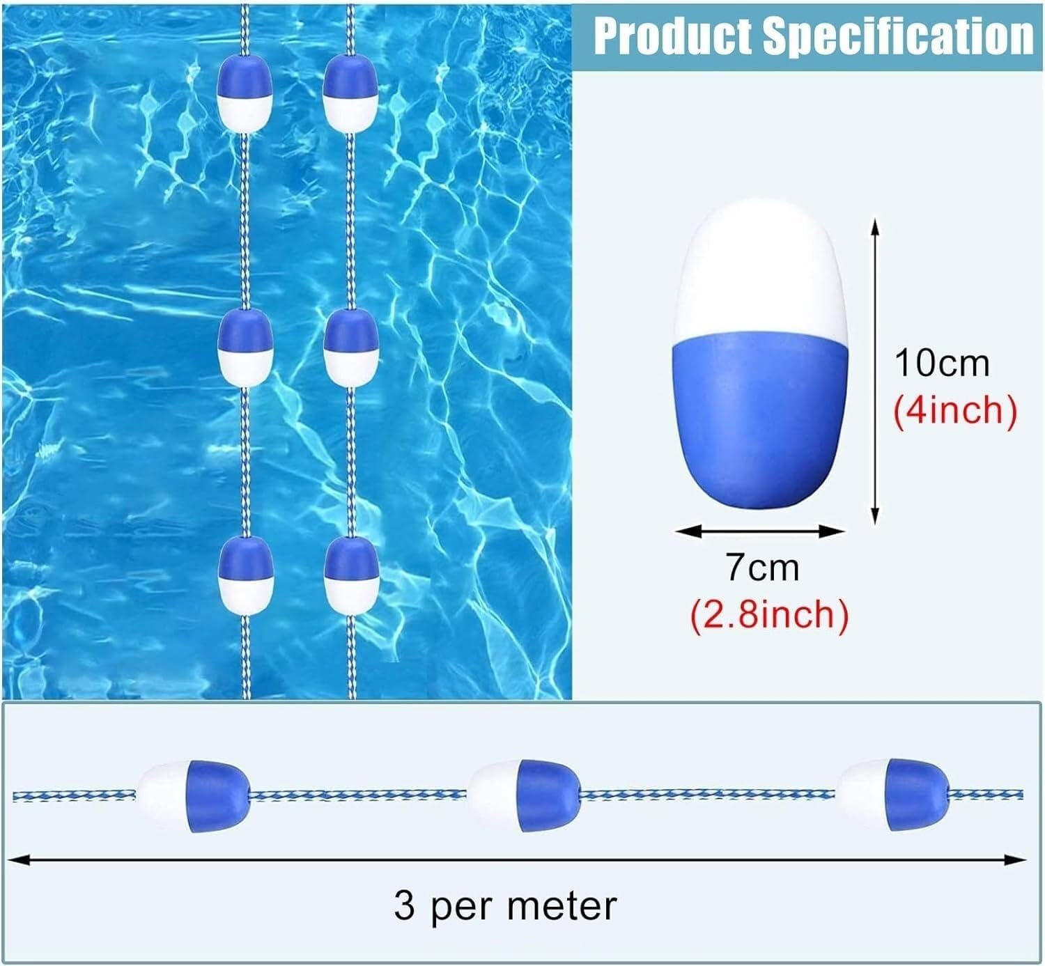 Generisch Gut sichtbare Pool-Bahnlinien mit Bojen, 13 m langes blau-weißes Sicherheitsseil für Schwimmvereine, ideal für flaches und tiefes Wasser, inklusive 2 Haken für einfaches Aufstellen
