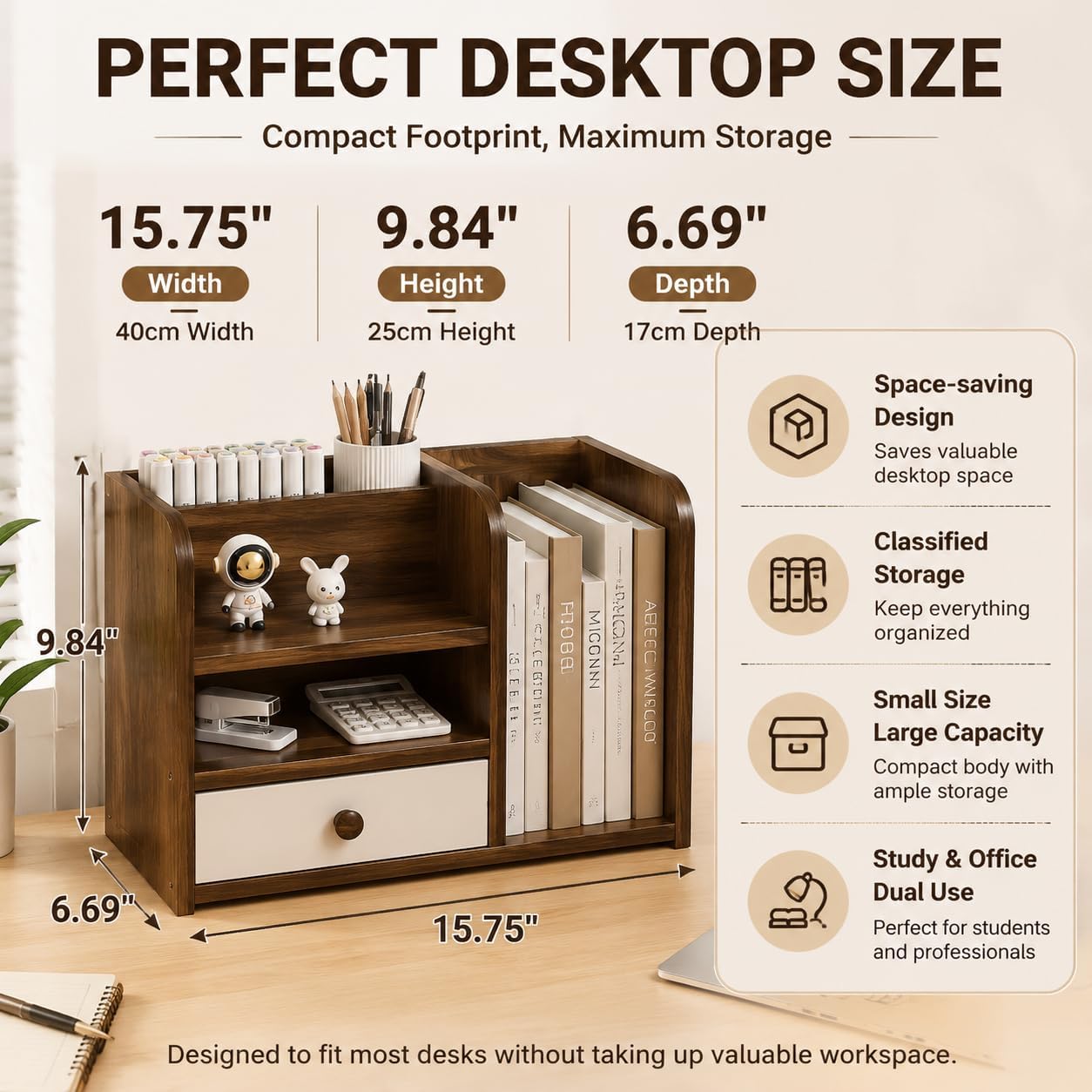 Desktop Organizer with Drawer, Desk Shelf with File Holder, Multi-Functional Office Storage Rack for Books, Documents and Supplies, Space Saving Desk Organizer for Home Office and Bedroom image 2