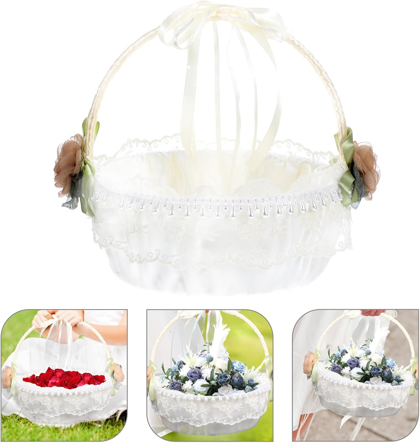 Alasum Flower Girl Basket for Weddings Rose Petal Basket Handheld Satin Lace Outdoor Wedding Ceremony Decoration