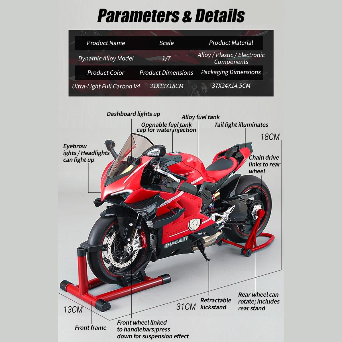 1/7 Motorcycle Model, Alloy Dynamic V4 Top Edition Simulation Motorcycle with Ignition System and Smoke Spray, Idea Gift for High Speed Bike Lovers (Red Carbon Fiber)
