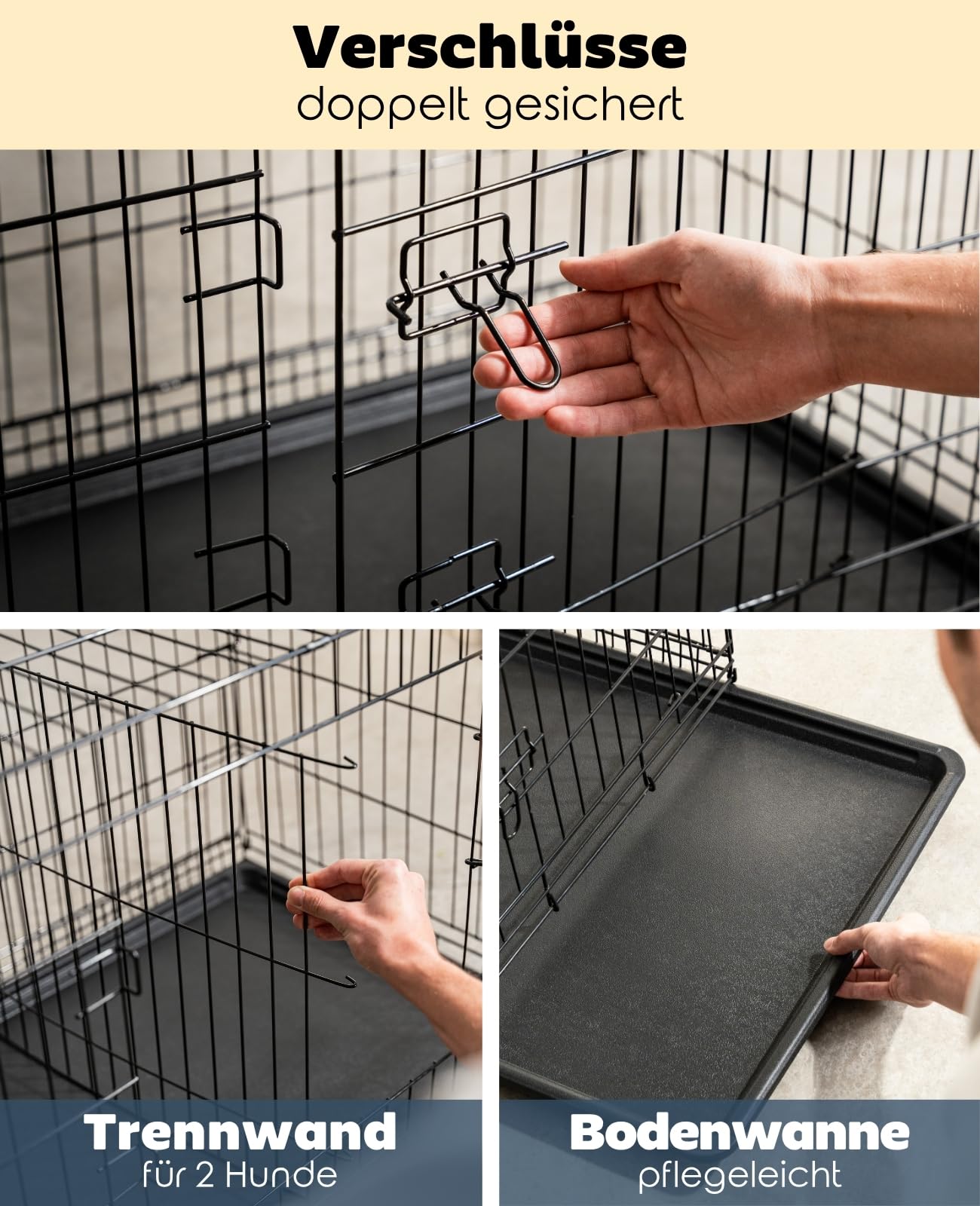 lionto Tiertransportbox für Hunde und Katzen, vielseitiger Transportkäfig mit hygienischer Kunststoffwanne, 76x49x56 cm, Hundebox aus Metall mit stabilen Sicherheitsverschlüssen & Trennwand, schwarz