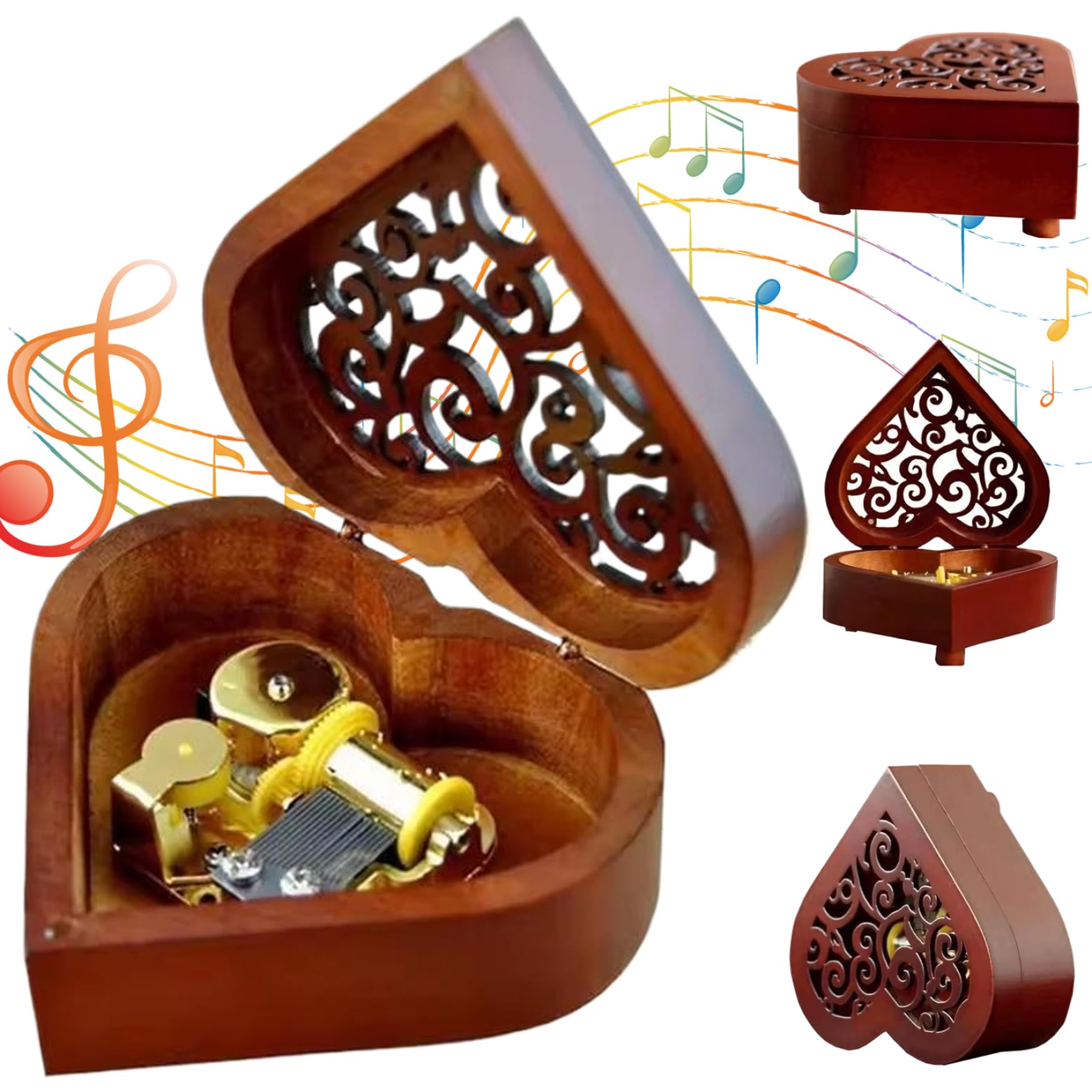 Caja de música clásica de madera grabada a mano con forma de corazón vintage