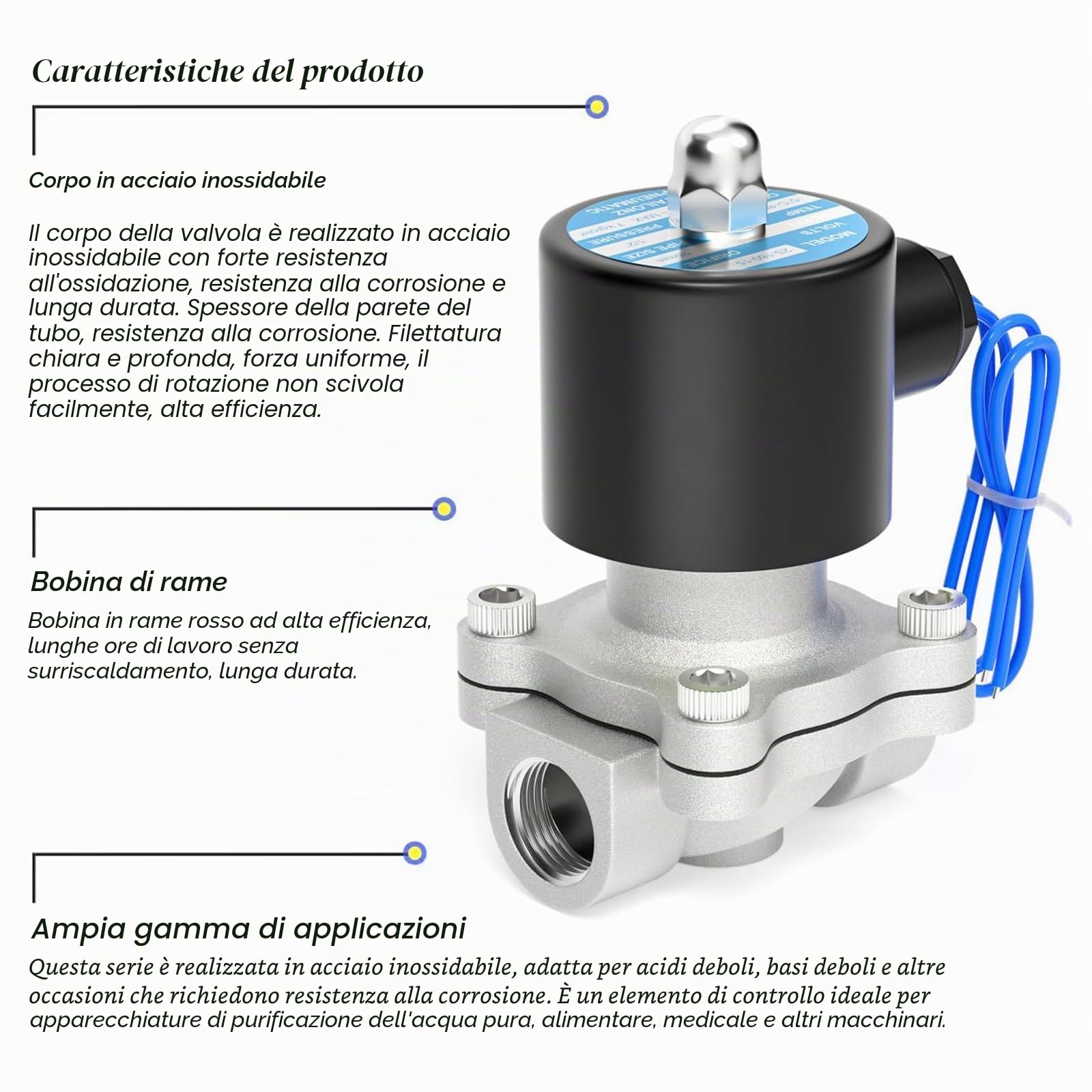 Elettrovalvola spinata in acciaio inox TAILONZ PNEUMATIC 1/2" BSP 12V per acqua, aria, combustibili, gas Tipo chiuso