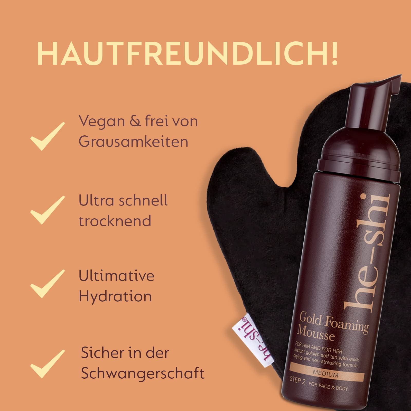 He-Shi Gold Foaming Mousse Instant Self-Tanning Foam - Kein Geruch von künstlicher Bräune - Formel für schnelles Trocknen ohne Streifen - Natürliche vegane Bräune - Künstliche Bräune für Körper und Gesicht (150 ml)