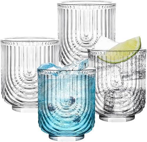 Miniatura 1 de Swetwiny Juego de 4 vasos de cóctel Art Deco, cristalería vintage de 12 onzas, cristalería acanalada para café helado, jugo, agua, cóctel, whisky