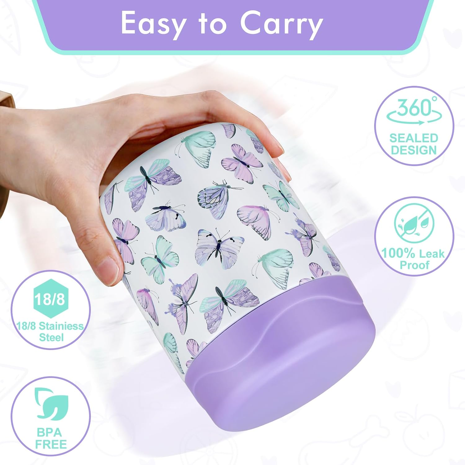  12oz Soup Thermo for Hot Food Kids Insulated Food Jar Wide Mouth Lunch Container Leak Proof Stainless Steel Vacuum Bento Box for School Office Travel Outdoors White-Butterfly thumbnail
