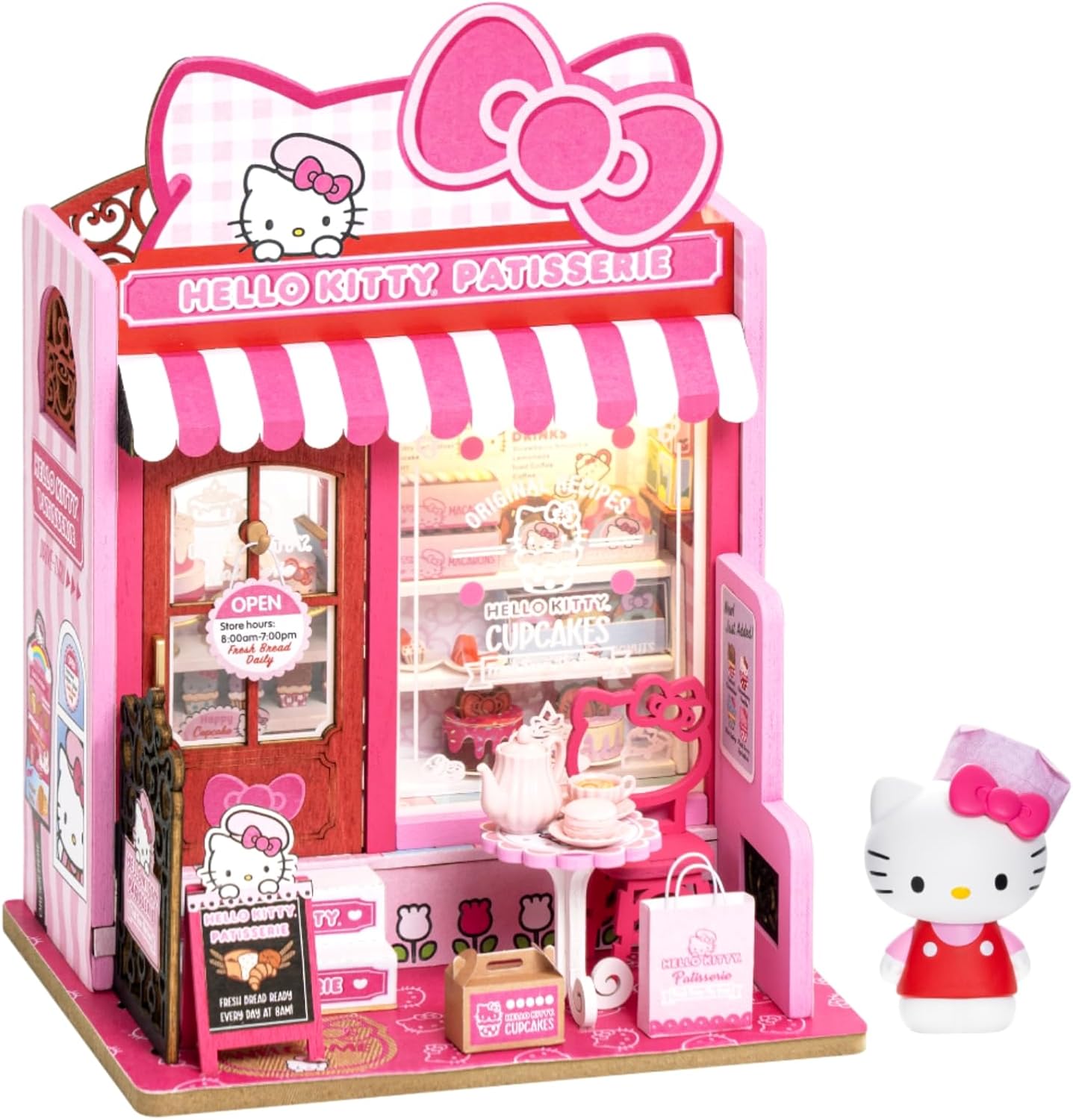 Hands Craft Hello Kitty Patisserie Miniature House Kit with Hello Kitty Figurine – Kawaii 3D Puzzle with Switch Activated LED Lights – DIY Wooden Craft Kit for Bedroom or Bookshelf Decor & Gifts