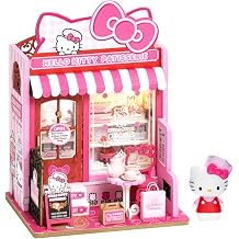 Hands Craft Hello Kitty Patisserie Miniature House Kit with Hello Kitty Figurine - Cute 3D Puzzle with Switch Activated LED Light - DIY Wooden Craft Kit for Bedroom Bookcase Decor & Gift