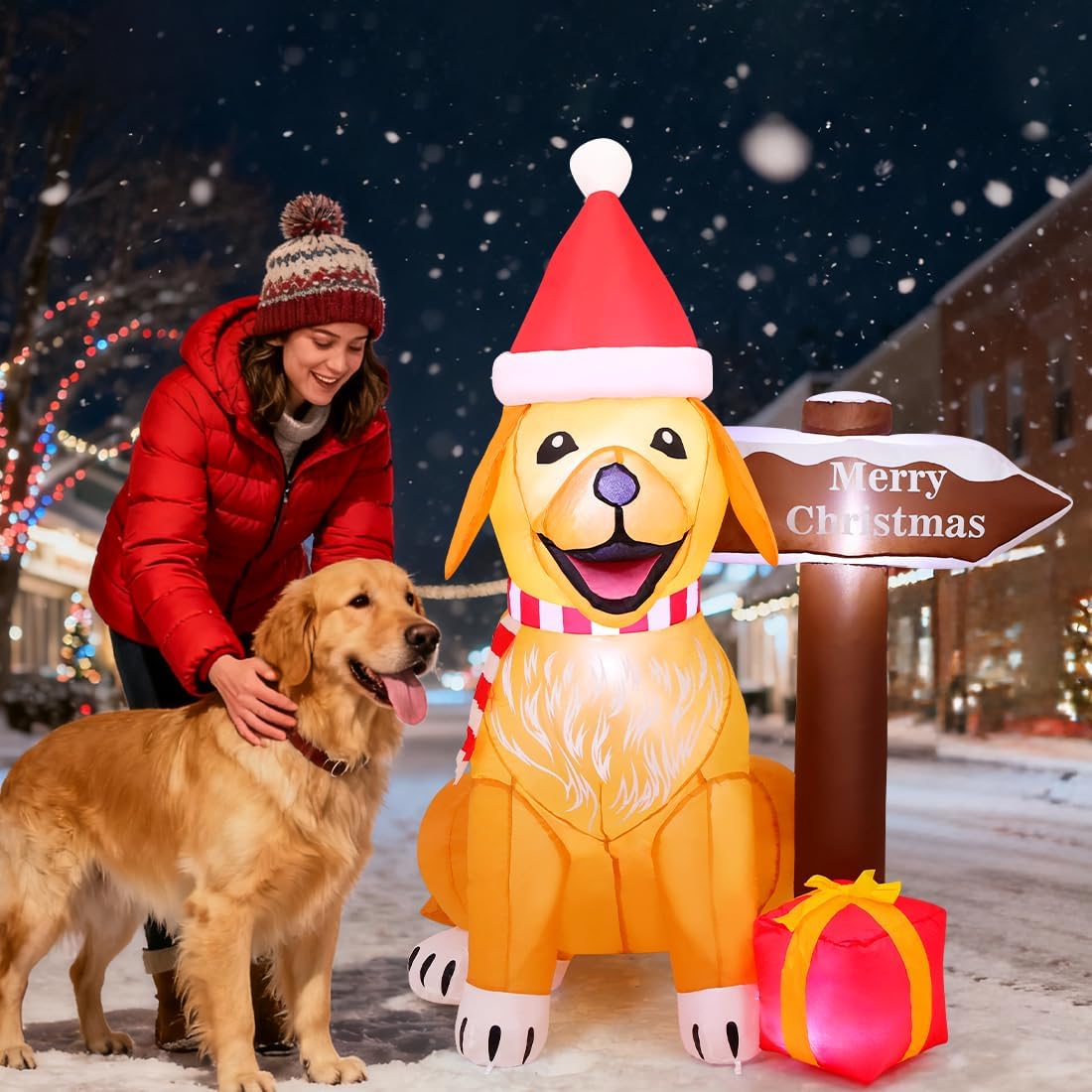 GOOSH 5 FT Christmas Inflatables Golden Retriever Outdoor Decorations Blow Up Yard Christmas Hat Dog and a Street Sign with Built-in LEDs for Holiday Party Indoor Garden Lawn Decor