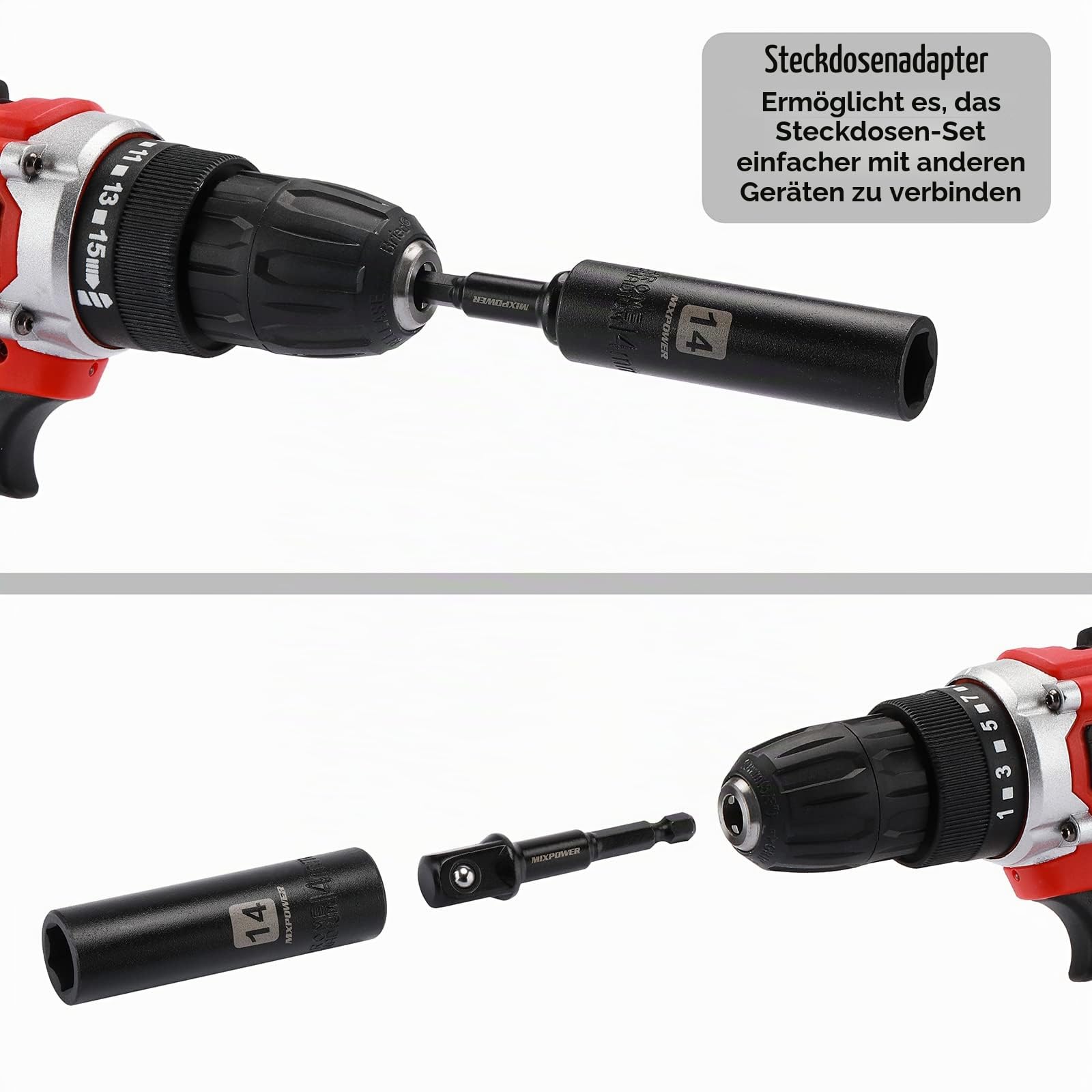 MIXPOWER 49-teiliges Steckschlüssel-Set für Schlagschrauber, 1/2 Zoll, tief/flach, 8 mm–32 mm, CR-V, metrisch, inklusive Verlängerungsstangen, Adapter, Universal-Schlaggelenk