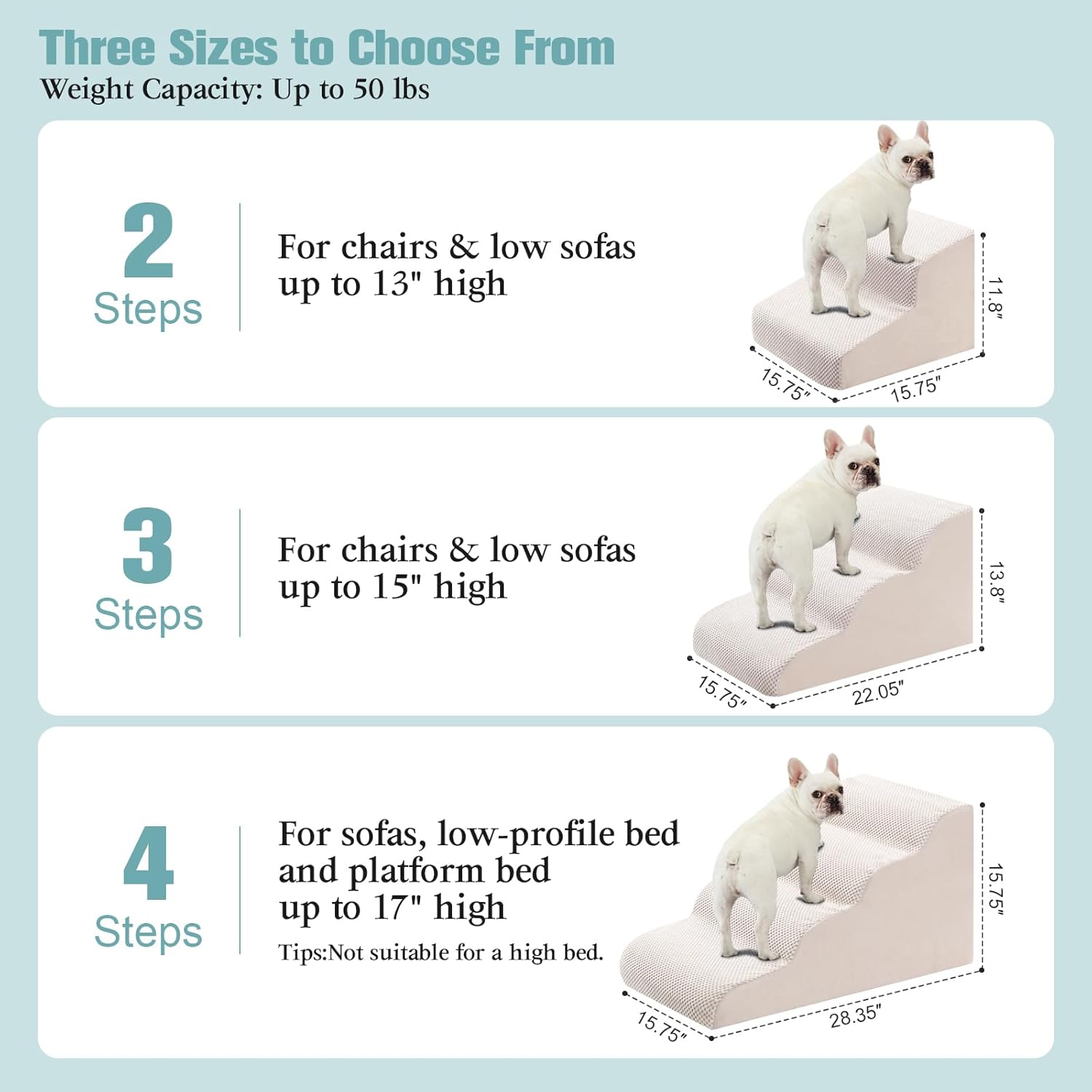 Dog Stairs for Small Dogs, 4-Step Dog Steps for Couch Sofa and Low-Profile & Platform Bed, High-Density Foam Pet Steps Ramp with Removable Washable Cover for Older Injured Dogs Cats, 15.75" H, Beige