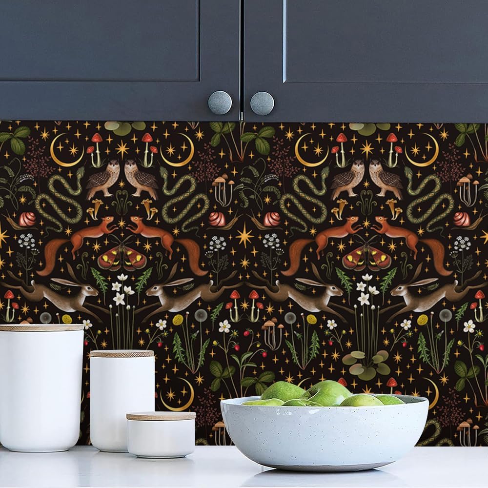 Vintage Dark Black Animals Forest Squirrel Damask Peel and Stick Wallpaper Easy Peel Off Contact Paper Stick on Adhesive Wall Paper for Bathroom Waterproof Renter Friendly