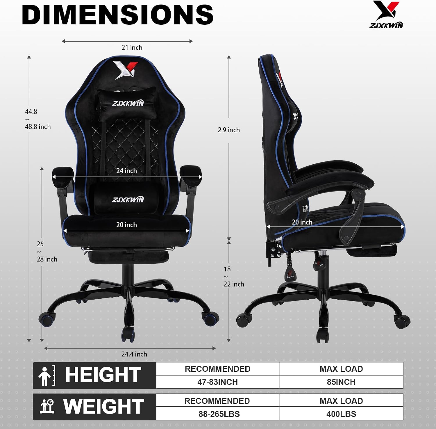 Velvet Gaming Chair, Ergonomic High Back Racing Chair with Footrest, Spring Wide Cushion, Adjustable Headrest & Lumbar Support, 90-135° Recline, 360° Swivel, 300lbs for Home Office, Blue