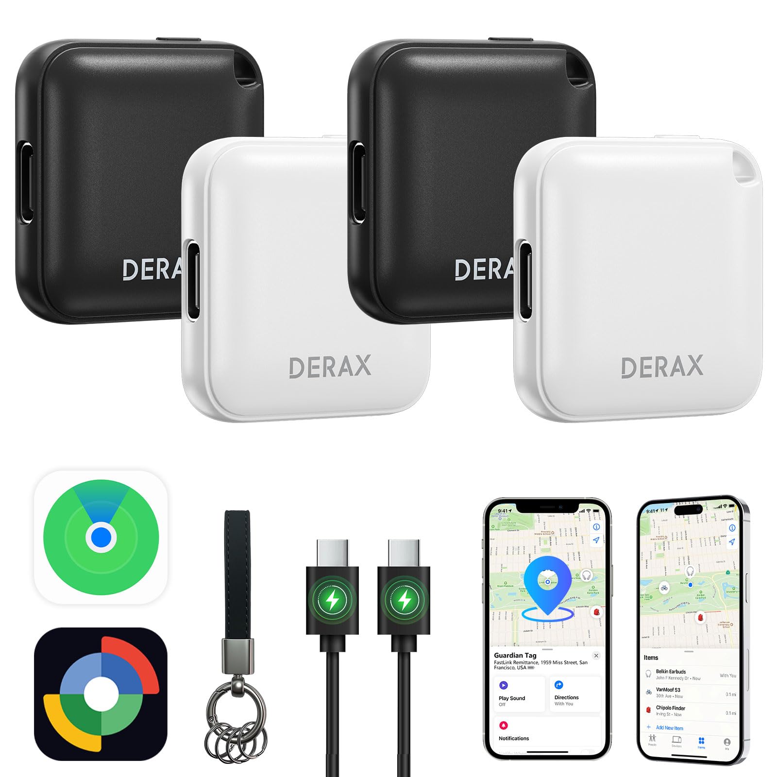 DERAX Bluetooth Tracker (iOS and Android) 4 Pack, Rechargeable Tracker Tags Compatible with iOS and Android, Anti-Lost Item Finder for Keys Wallet Luggage Backpack, Black & White-image-5