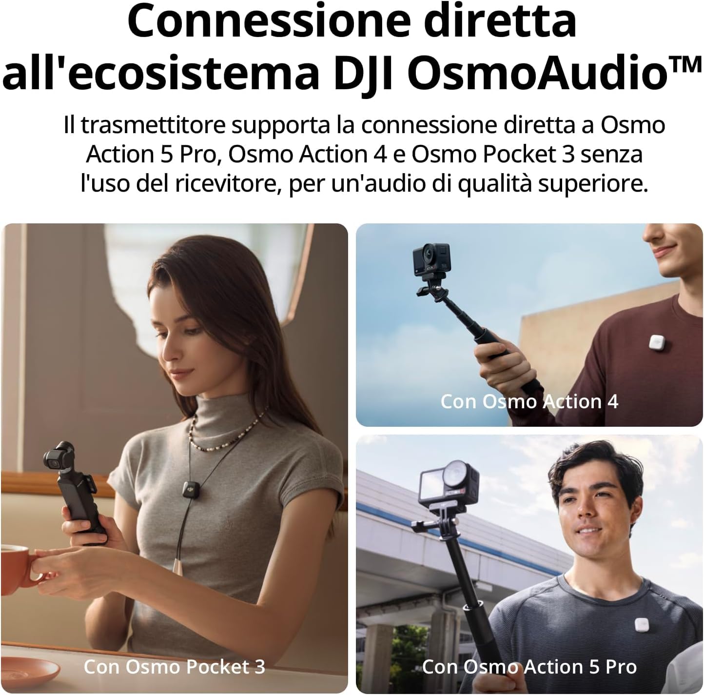 DJI Mic Mini (2 TX + 1 RX + Adattatore Lightning) per iPhone, Android e fotocamera, audio ricco di dettagli, cancellazione del rumore, limitazione automatica, microfono wireless per vlog, streaming