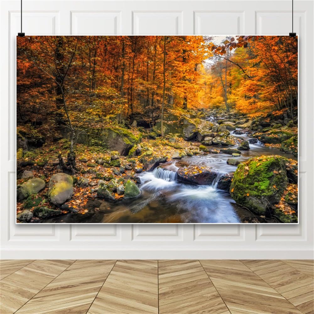 4.5x3m Telón de Fondo de Acuario con Cascada de Otoño, Fondo de Paisaje Natural con Lago y Arroyo del Bosque, Fondos de Plantas Tropicales y Rocas para Terrarios