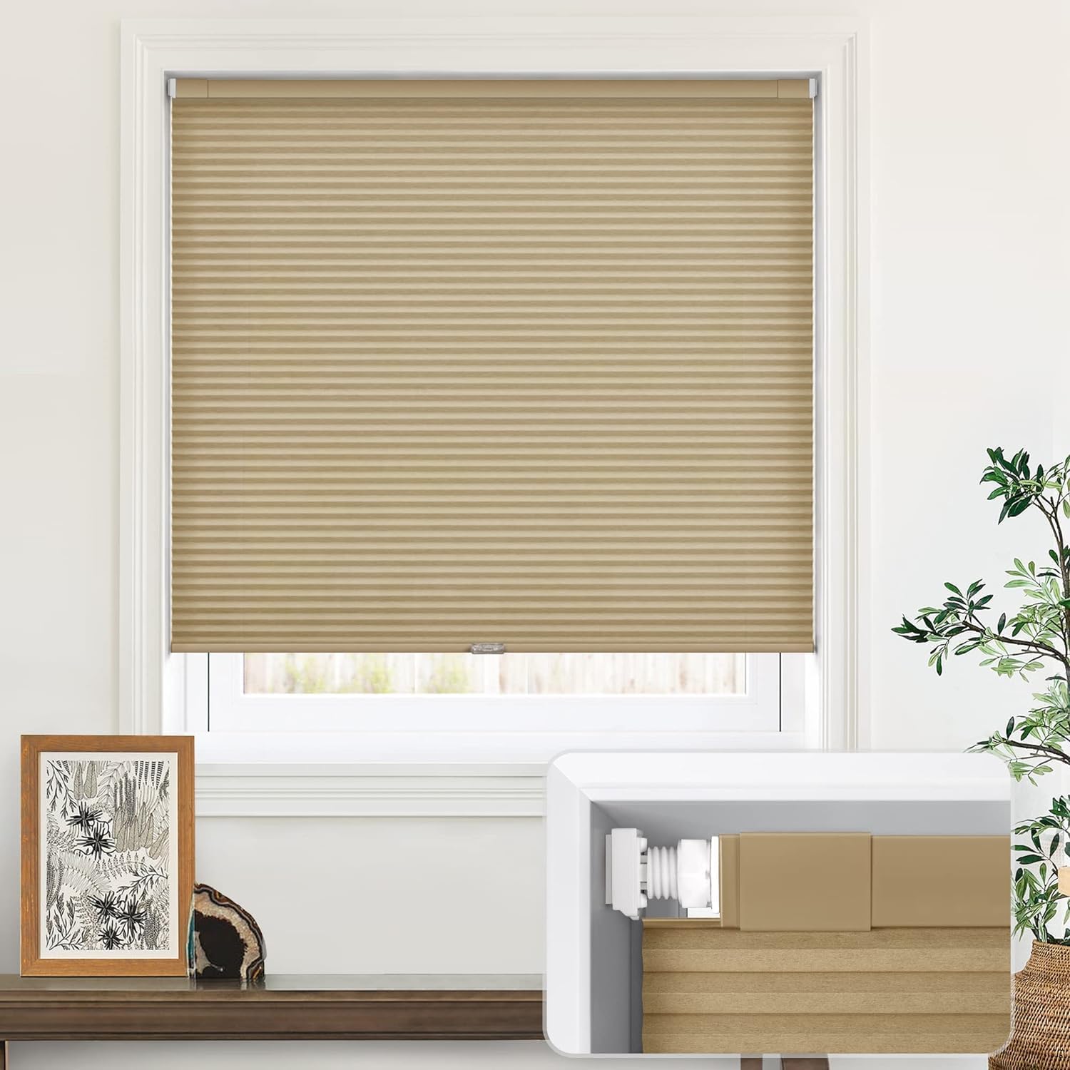 ( with bent ) LazBlinds Cordless Cellular Shades, No Tools No Drill Light Filtering Custom Cut to Size Honeycomb Shades Pleated Blinds for Windows, Taupe Light Filtering-taupe Custom Size