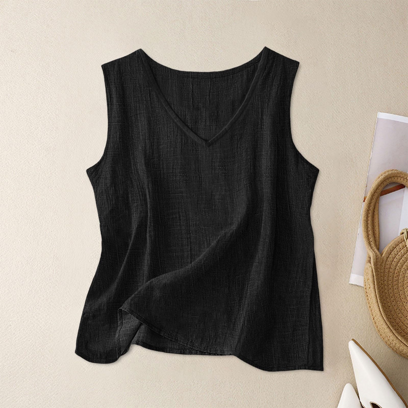Leinen Top Damen Sommer,V-Ausschnitt Trägershirt Lässige Tank Top Leichte Sommertop Ärmellose Shirt Musselin Blusentop Baumwolle Trägertop Locker Damentops Strand Leinentop Hawaii Achselshirt