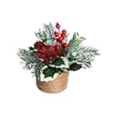 7.4inch Artificial Christmas Potted Plants Fake Plants with Seagrass Planter Pot Small Xmas Trees Floral Arrangement Bonsai with Holly Leaves, Berries, Poinsettia & Pine Cones Ornaments for Home (#1)