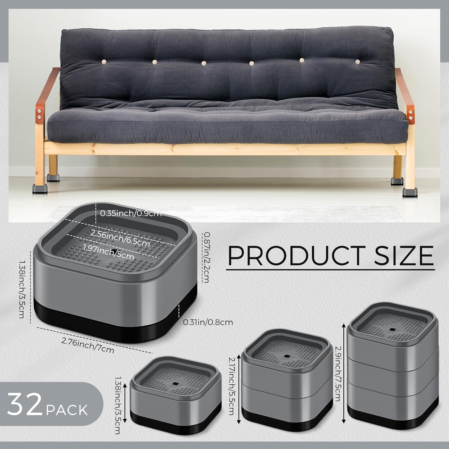 Ecally Furniture Risers Adjustable Bed Risers Desk Leg Risers 1.38" Stackable Heavy Duty Bed Lifts Risers Square Bed Raising Blocks for Mattress Table Leg Desk Chair Couch Sofa Dorm (Gray,32 Pack)