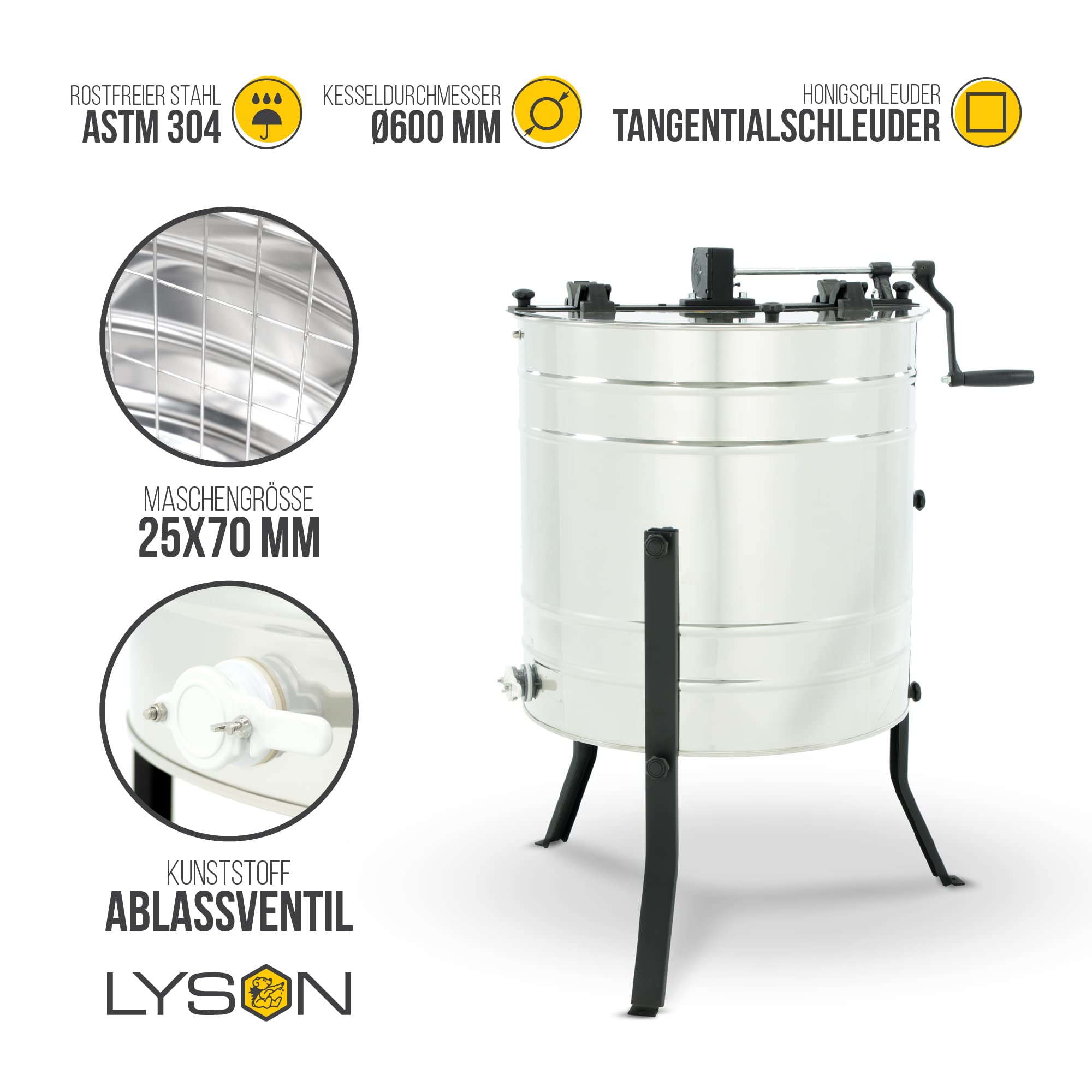 LYSON Miodarka 4-plastrowa diagonalna ręczna Ø600 kosz uniwersalny – BASIC LINE 6/4"napęd ręczny blacha nierdzewna kwasoodporna