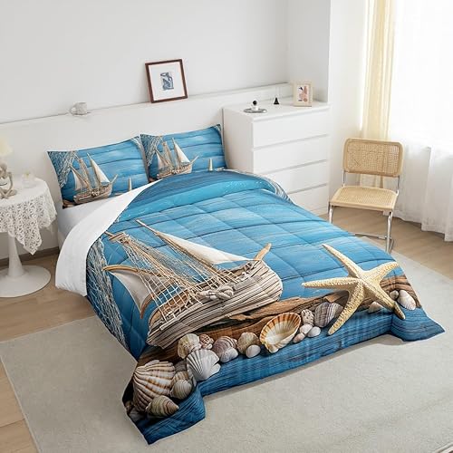 Miniatura 3 de Erosebridal Juego de edredón náutico para niños, juego de ropa de cama de pesca rústica, cabaña costera, cabaña, velero, concha acolchada con 2
