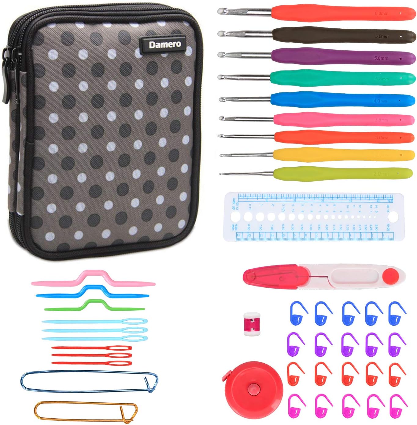 Damero Crochet Hooks Set, Crochet Hooks Kits with 9 Pcs Soft Grip Handles Ergonomic Crochet and Accessories, Crochet Set for Beginners and Crocheters, Gray Dots