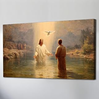 UZMKM Jesus Baptism Wall Art, Christian Religious Framed Canvas Prints, Jesus and John in Water, Inspirational Wrapped Canvas Wall Artwork Poster Picture for Home Church Prayer Room Decor 12×24 Inch
