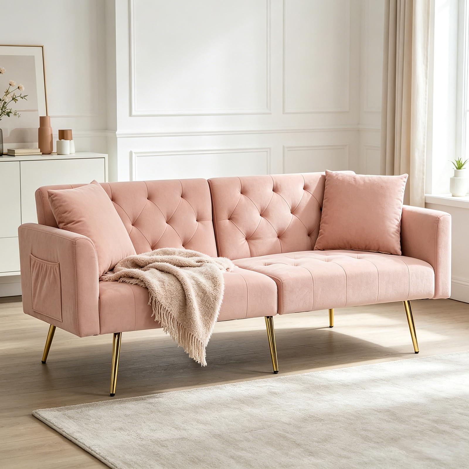 DRIXNO Schlafsofa mit Schlaffunktion, Klappsofa Sofa 3 Sitzer, 3-stufige Verstellbare Rückenlehne, 2 Beigelegte Kissen, Samtstoffe Zweiersofa, Für Wohnzimmer, Büro, Lounge, Schlafzimmer, Rosa